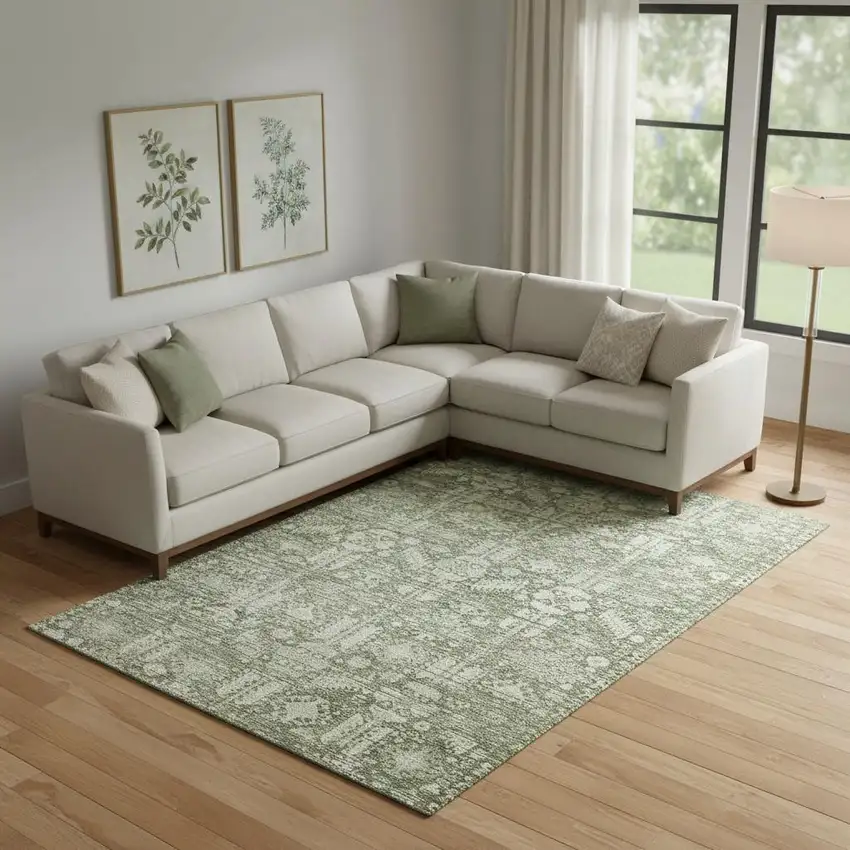 Artichoke Green And Ivory Oriental Washable Area Rug With UV Protection Photo 2