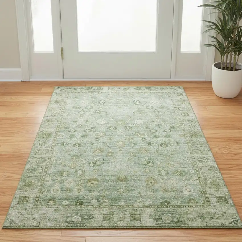 Artichoke Green And Ivory Oriental Washable Area Rug With UV Protection Photo 2