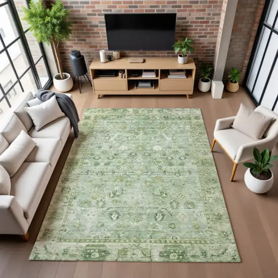 Artichoke Green And Ivory Oriental Washable Area Rug With UV Protection Photo 5