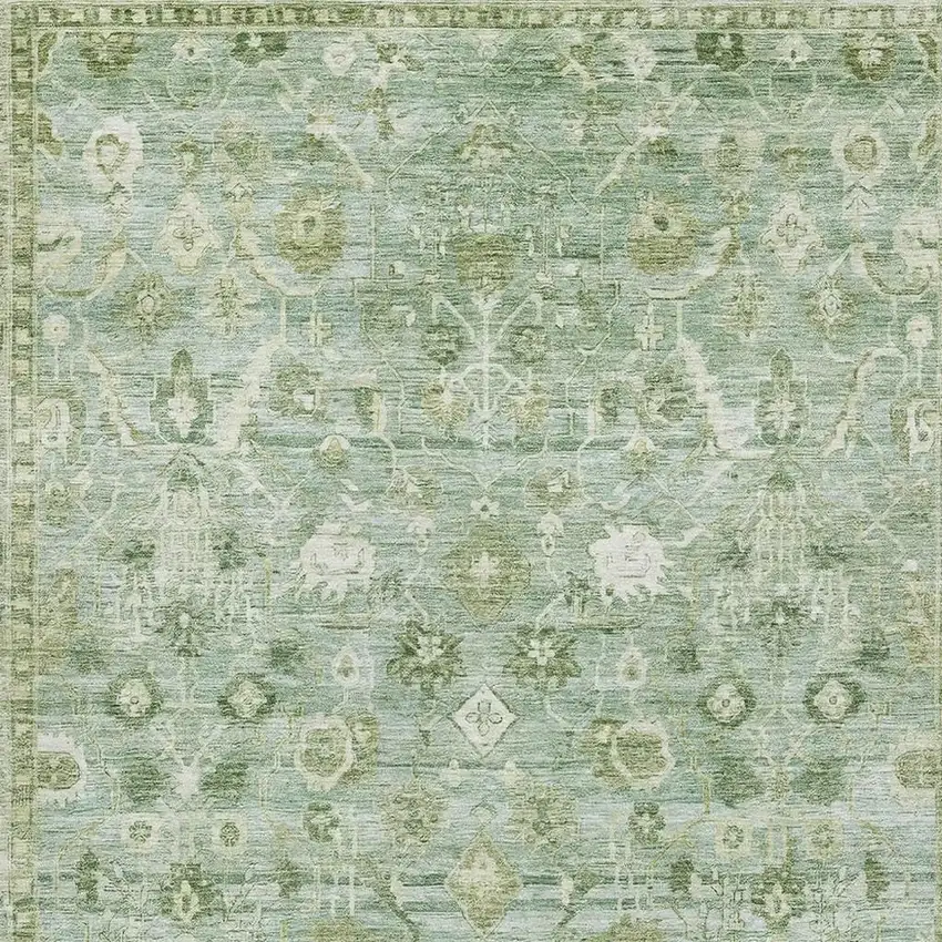 Artichoke Green And Ivory Oriental Washable Area Rug With UV Protection Photo 2