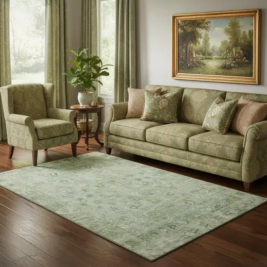 Artichoke Green And Ivory Oriental Washable Area Rug With UV Protection Photo 2