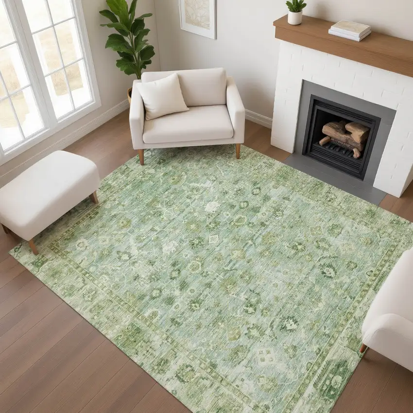 Artichoke Green And Ivory Oriental Washable Area Rug With UV Protection Photo 4