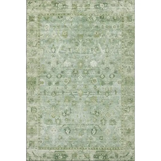 Artichoke Green And Ivory Oriental Washable Area Rug With UV Protection Photo 1
