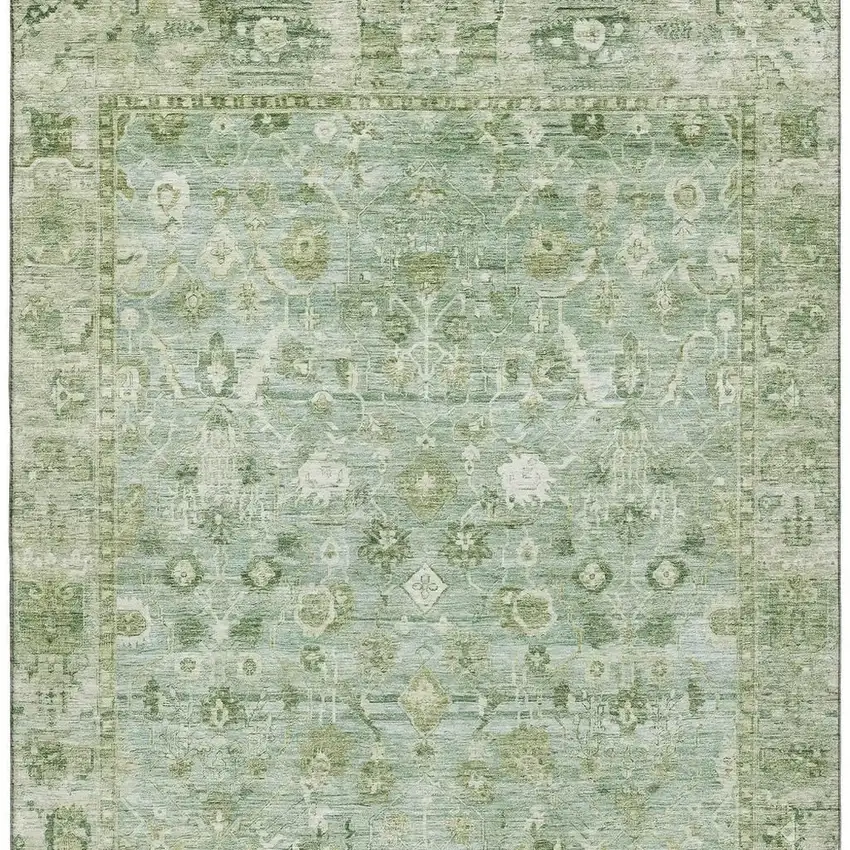 Artichoke Green And Ivory Oriental Washable Area Rug With UV Protection Photo 3