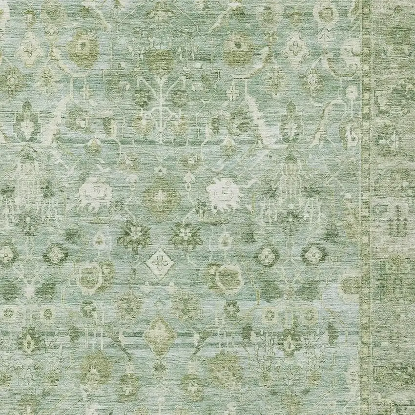 Artichoke Green And Ivory Oriental Washable Area Rug With UV Protection Photo 2
