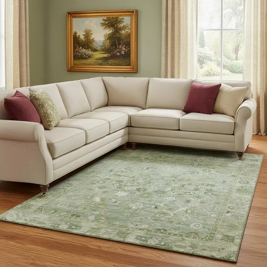 Artichoke Green And Ivory Oriental Washable Area Rug With UV Protection Photo 2