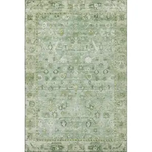 Photo of Artichoke Green And Ivory Oriental Washable Area Rug With UV Protection