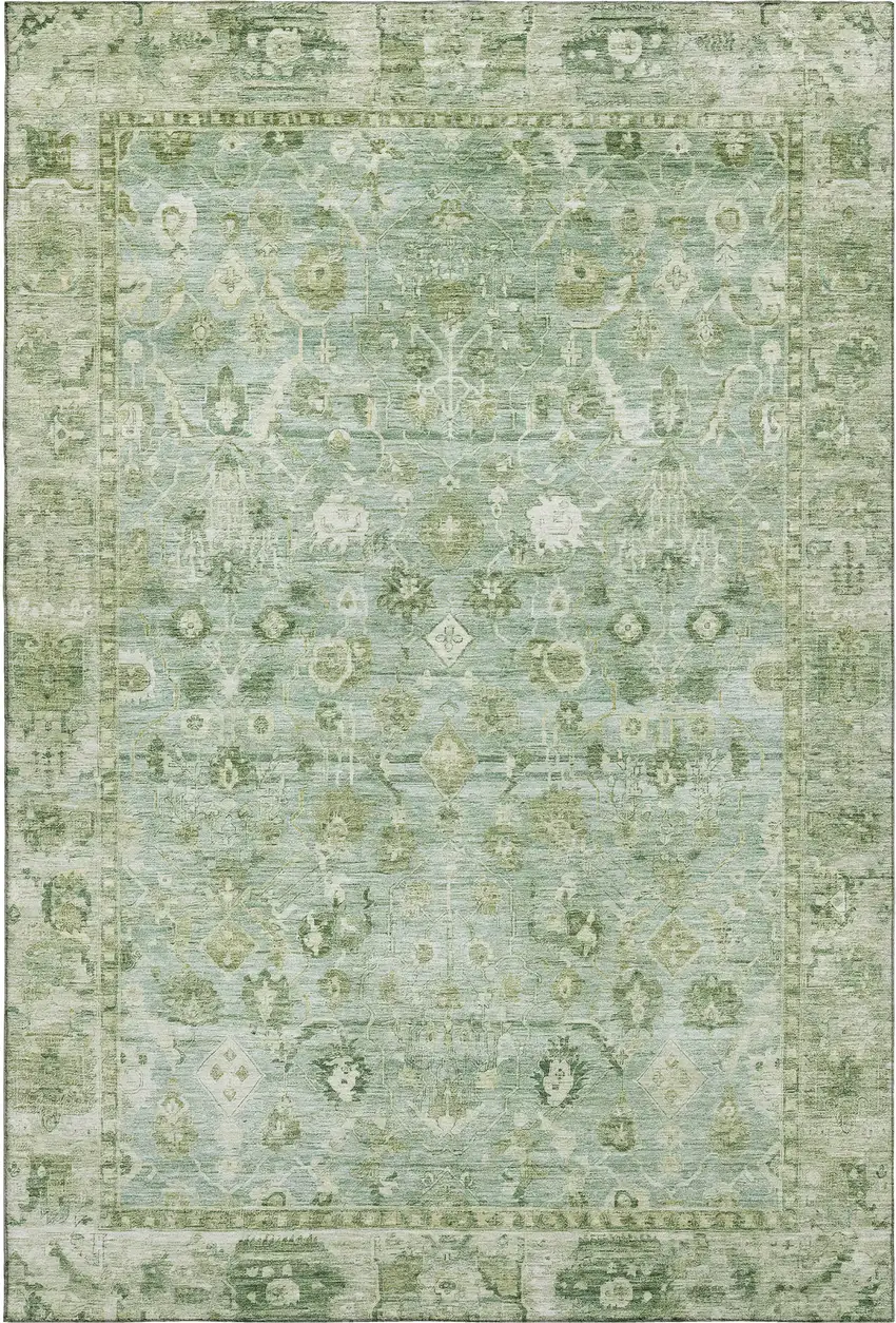 Artichoke Green And Ivory Oriental Washable Area Rug With UV Protection Photo 1