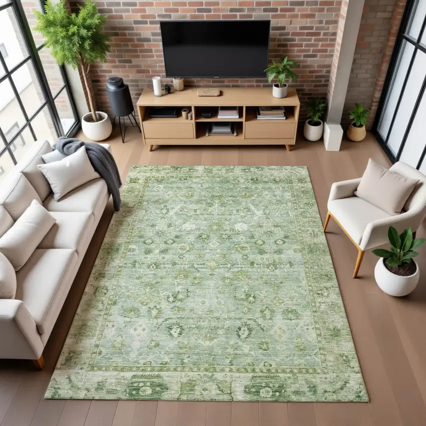 Artichoke Green And Ivory Oriental Washable Area Rug With UV Protection Photo 4