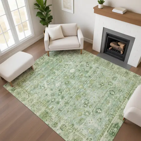 Artichoke Green And Ivory Oriental Washable Area Rug With UV Protection Photo 3