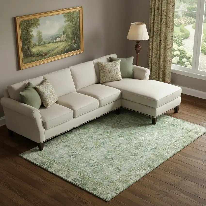Artichoke Green And Ivory Oriental Washable Area Rug With UV Protection Photo 2