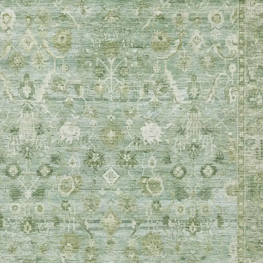 Artichoke Green And Ivory Oriental Washable Area Rug With UV Protection Photo 2