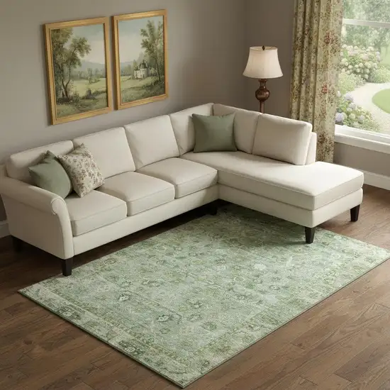 Artichoke Green And Ivory Oriental Washable Area Rug With UV Protection Photo 2