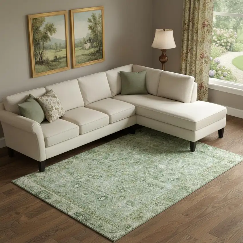 Artichoke Green And Ivory Oriental Washable Area Rug With UV Protection Photo 2