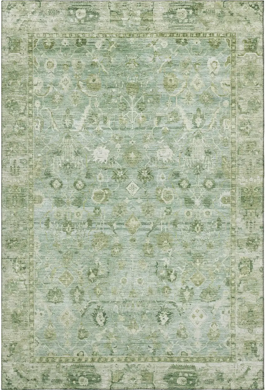 Artichoke Green And Ivory Oriental Washable Area Rug With UV Protection Photo 3
