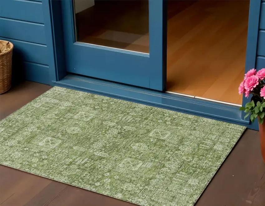 Artichoke Green And Ivory Oriental Washable Indoor Outdoor Area Rug Photo 1