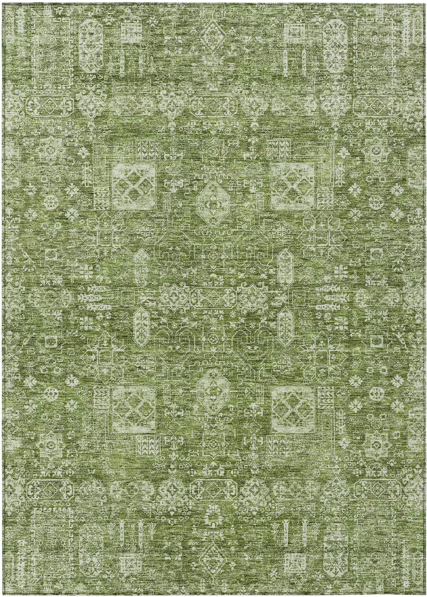 Artichoke Green And Ivory Oriental Washable Indoor Outdoor Area Rug Photo 2