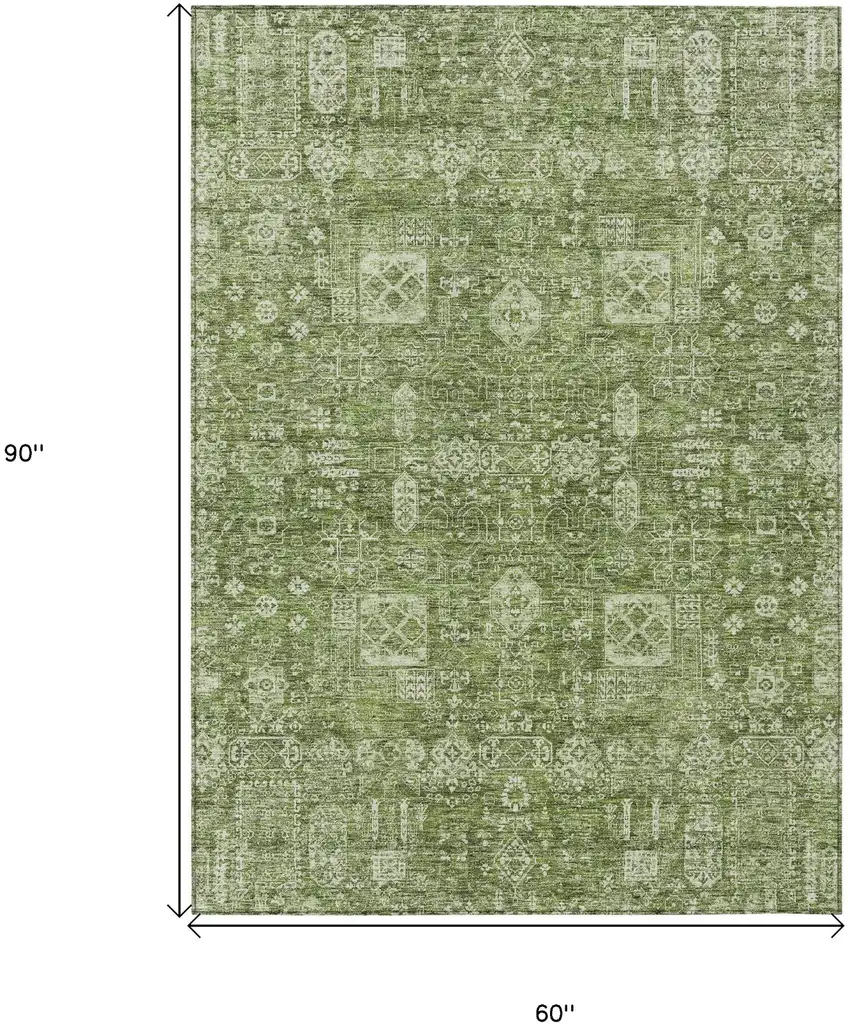 Artichoke Green And Ivory Oriental Washable Indoor Outdoor Area Rug Photo 9