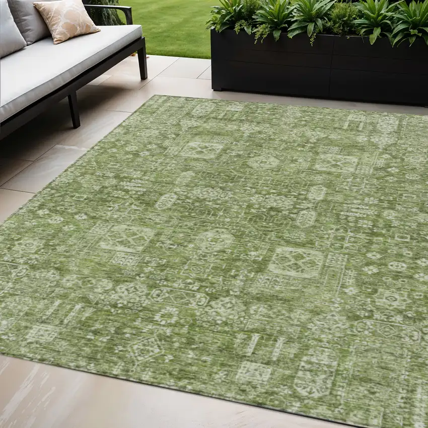Artichoke Green And Ivory Oriental Washable Indoor Outdoor Area Rug Photo 1