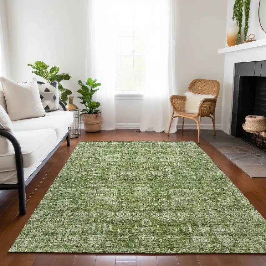 Artichoke Green And Ivory Oriental Washable Indoor Outdoor Area Rug Photo 7