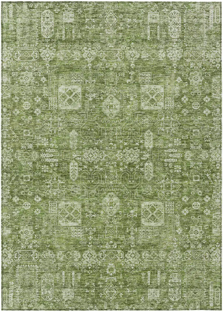 Artichoke Green And Ivory Oriental Washable Indoor Outdoor Area Rug Photo 1
