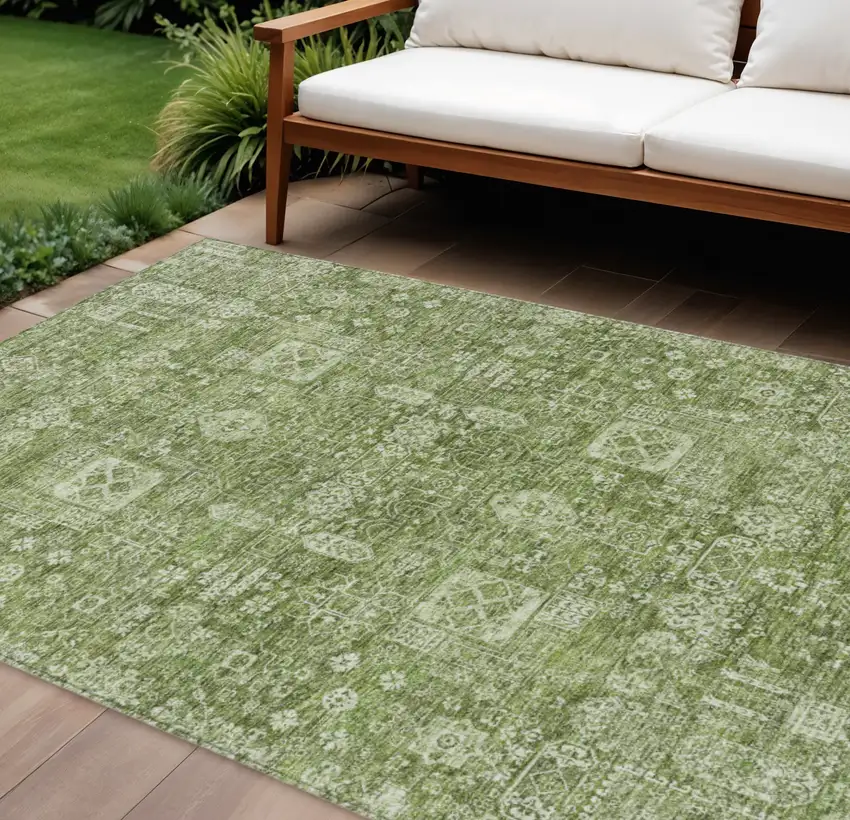 Artichoke Green And Ivory Oriental Washable Indoor Outdoor Area Rug Photo 1