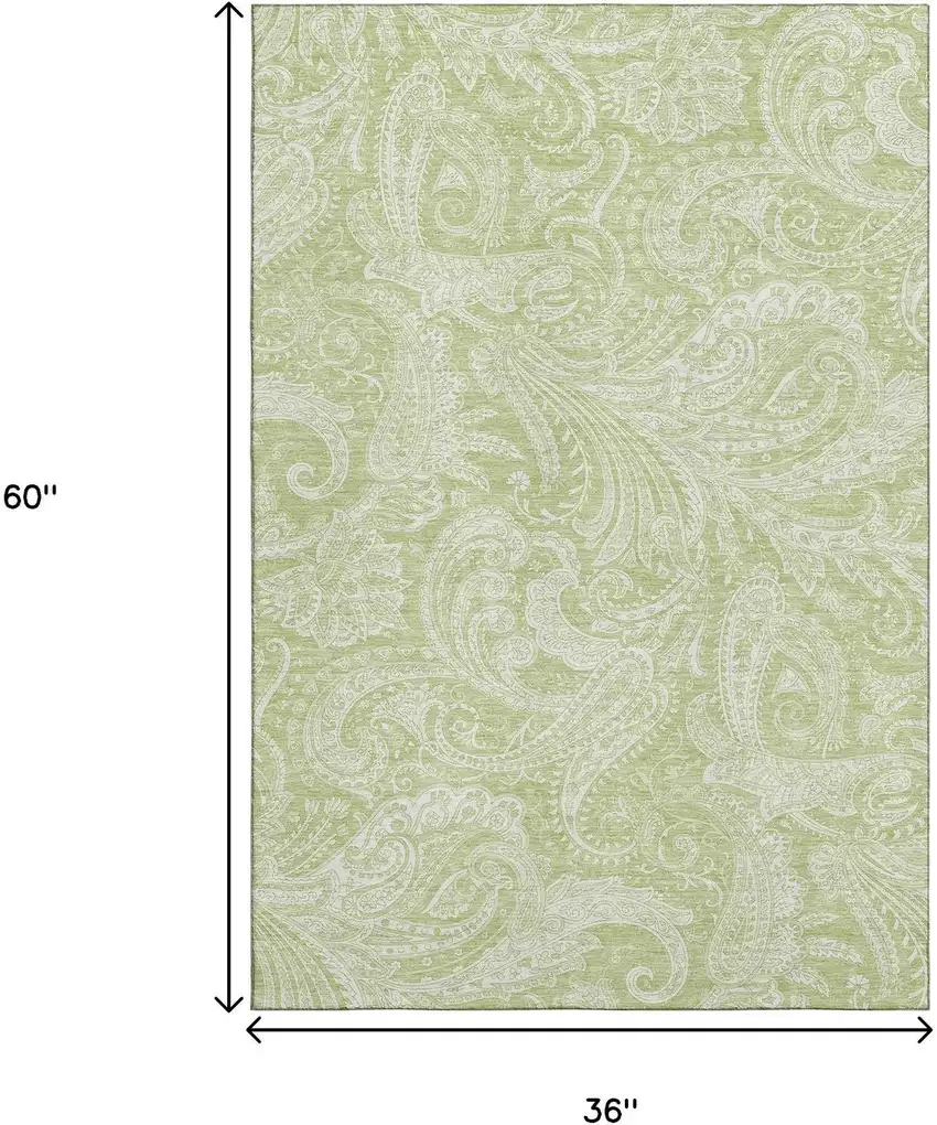 Artichoke Green And Ivory Paisley Washable Area Rug With UV Protection Photo 3
