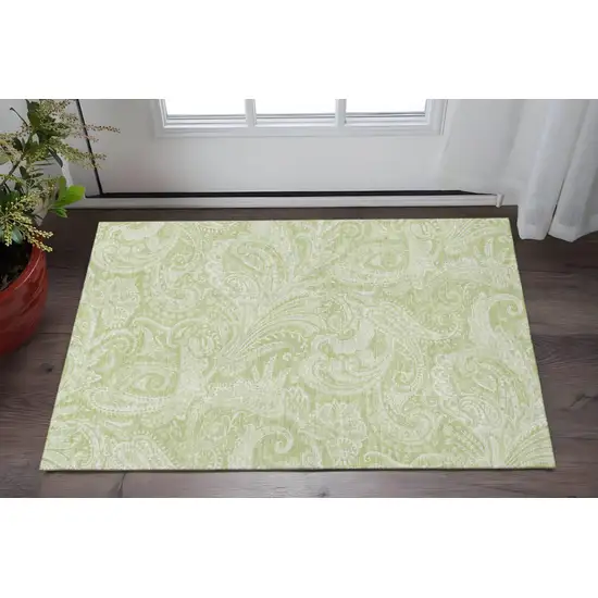 Artichoke Green And Ivory Paisley Washable Area Rug With UV Protection Photo 2