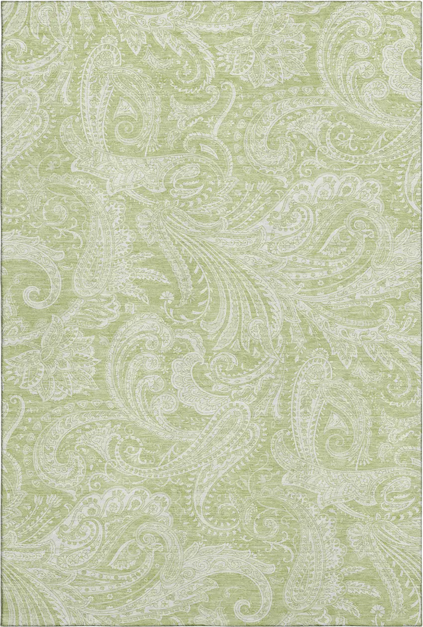 Artichoke Green And Ivory Paisley Washable Area Rug With UV Protection Photo 6