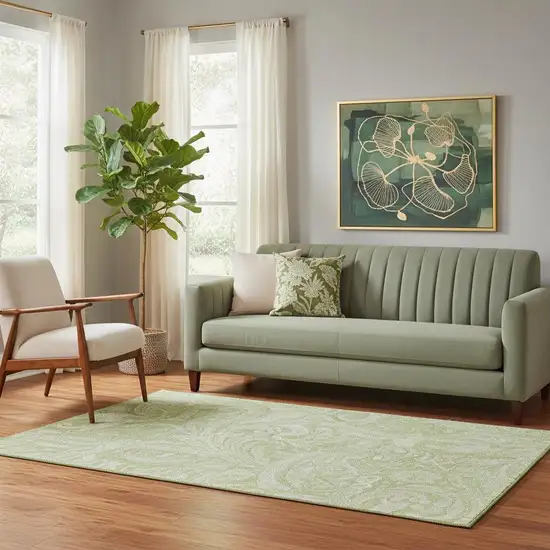 Artichoke Green And Ivory Paisley Washable Area Rug With UV Protection Photo 1