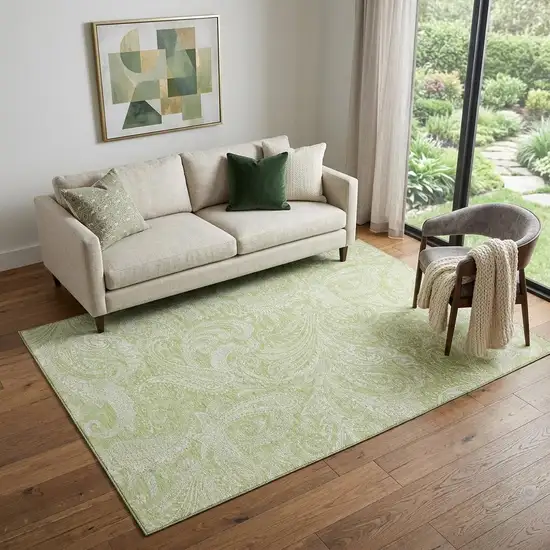 Artichoke Green And Ivory Paisley Washable Area Rug With UV Protection Photo 1