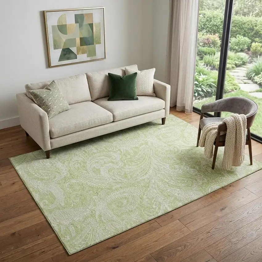 Artichoke Green And Ivory Paisley Washable Area Rug With UV Protection Photo 1