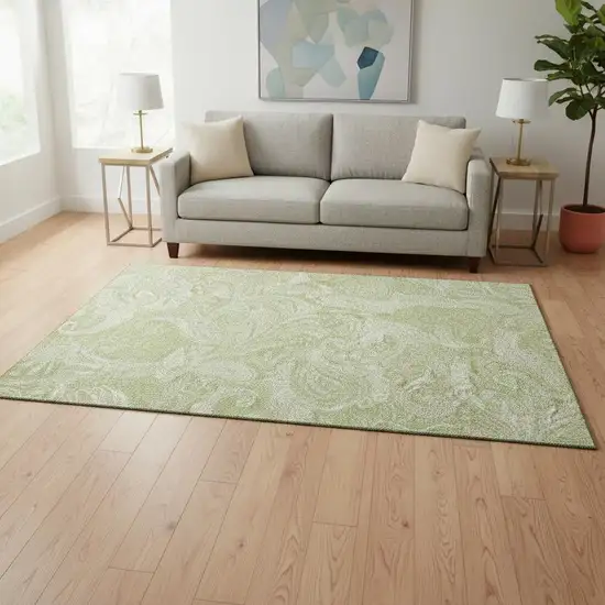 Artichoke Green And Ivory Paisley Washable Area Rug With UV Protection Photo 1