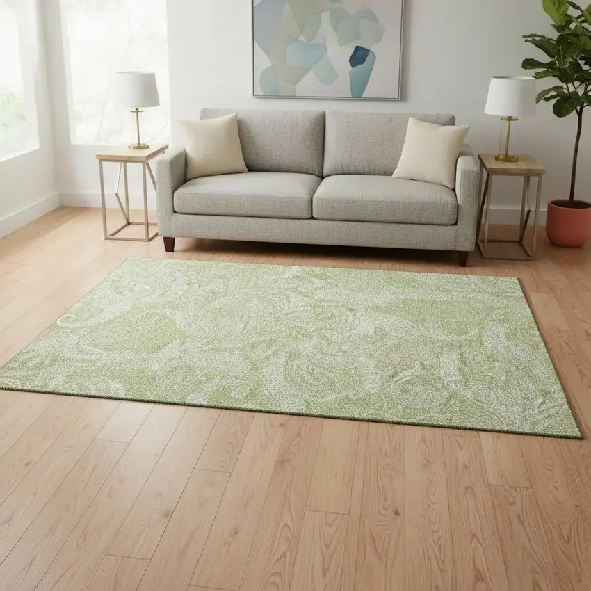 Artichoke Green And Ivory Paisley Washable Area Rug With UV Protection Photo 1