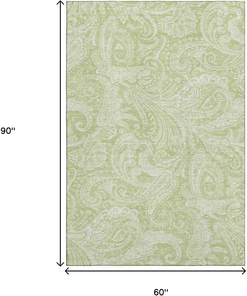 Artichoke Green And Ivory Paisley Washable Area Rug With UV Protection Photo 3