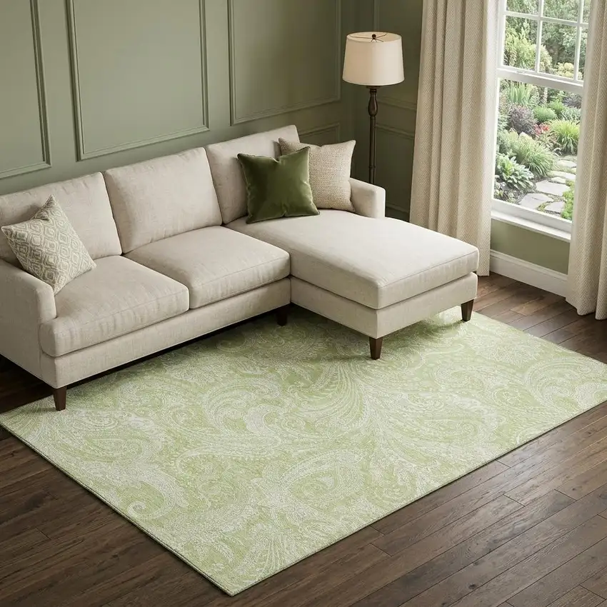 Artichoke Green And Ivory Paisley Washable Area Rug With UV Protection Photo 1