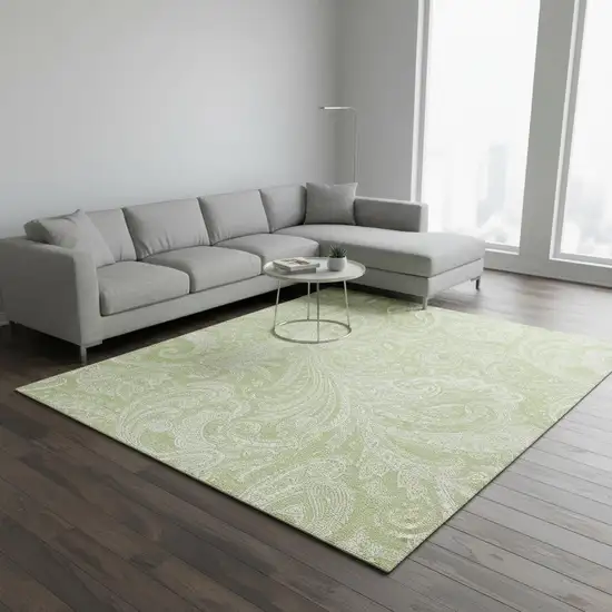 Artichoke Green And Ivory Paisley Washable Area Rug With UV Protection Photo 1