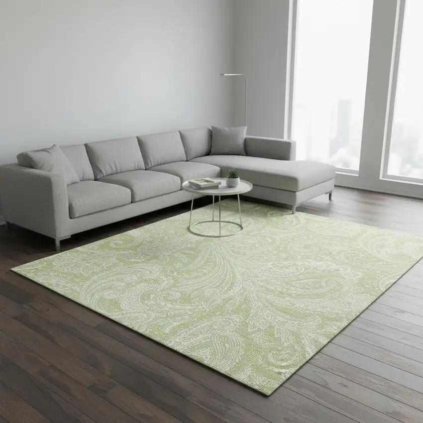 Artichoke Green And Ivory Paisley Washable Area Rug With UV Protection Photo 1
