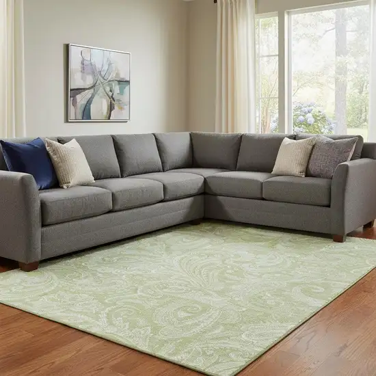 Artichoke Green And Ivory Paisley Washable Area Rug With UV Protection Photo 1