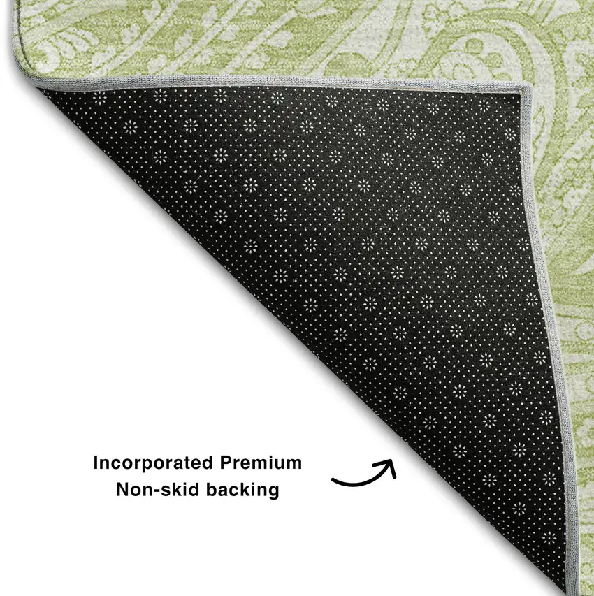Artichoke Green And Ivory Paisley Washable Area Rug With UV Protection Photo 8