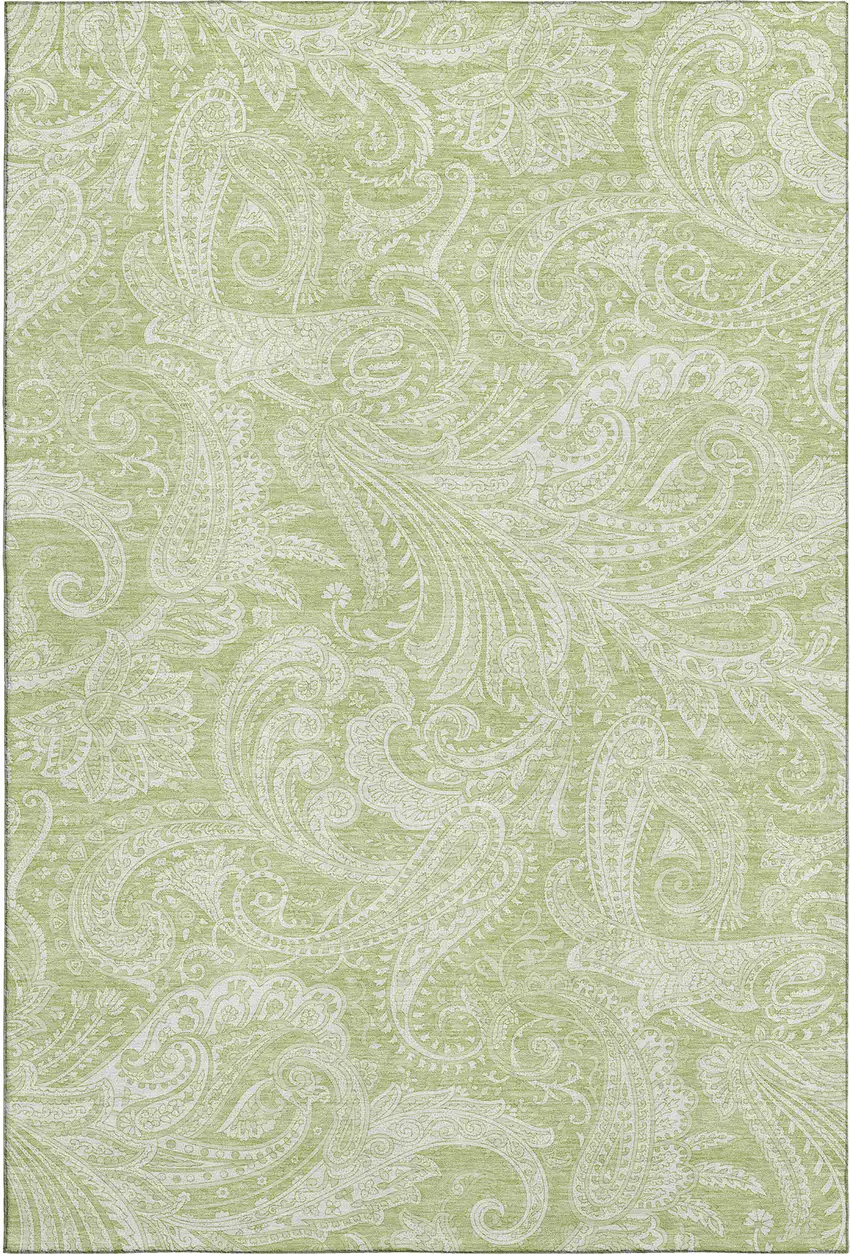 Artichoke Green And Ivory Paisley Washable Area Rug With UV Protection Photo 2