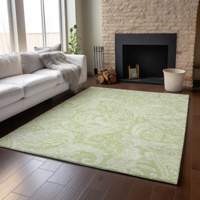 Artichoke Green And Ivory Paisley Washable Area Rug With UV Protection Photo 3