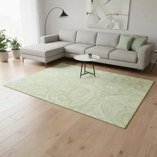 Artichoke Green And Ivory Paisley Washable Area Rug With UV Protection Photo 2