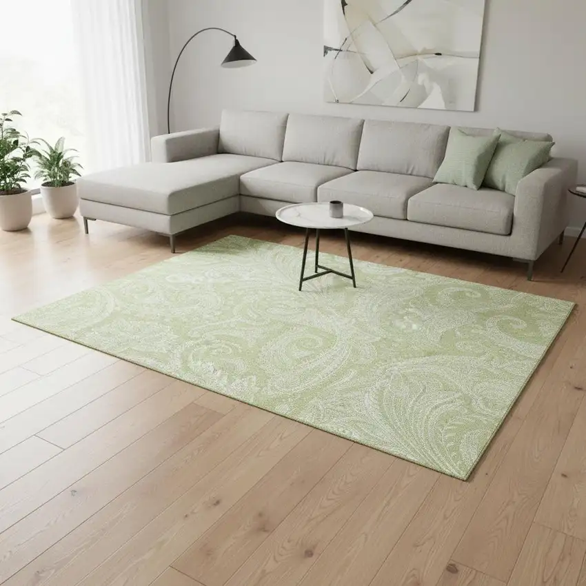 Artichoke Green And Ivory Paisley Washable Area Rug With UV Protection Photo 2