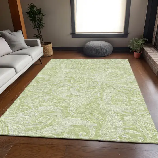 Artichoke Green And Ivory Paisley Washable Area Rug With UV Protection Photo 4