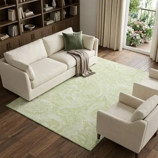 Artichoke Green And Ivory Paisley Washable Area Rug With UV Protection Photo 1