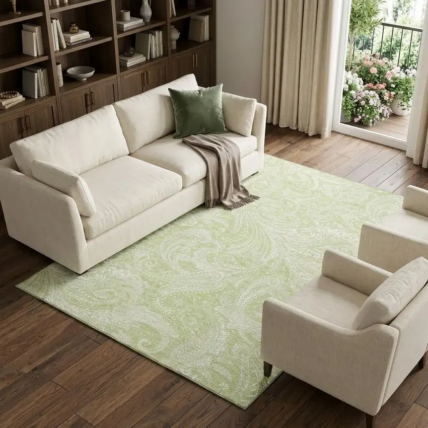 Artichoke Green And Ivory Paisley Washable Area Rug With UV Protection Photo 1