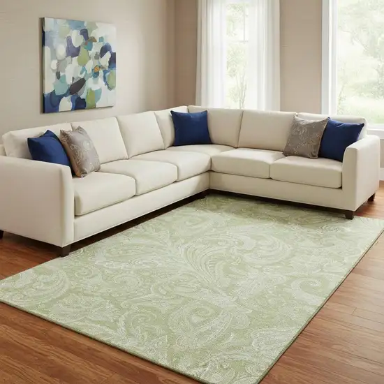 Artichoke Green And Ivory Paisley Washable Area Rug With UV Protection Photo 1