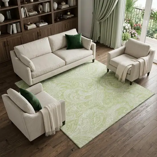 Artichoke Green And Ivory Paisley Washable Area Rug With UV Protection Photo 1