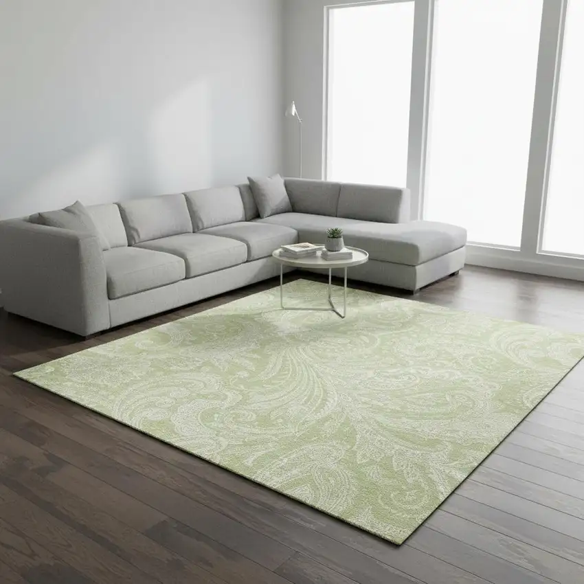 Artichoke Green And Ivory Paisley Washable Area Rug With UV Protection Photo 1